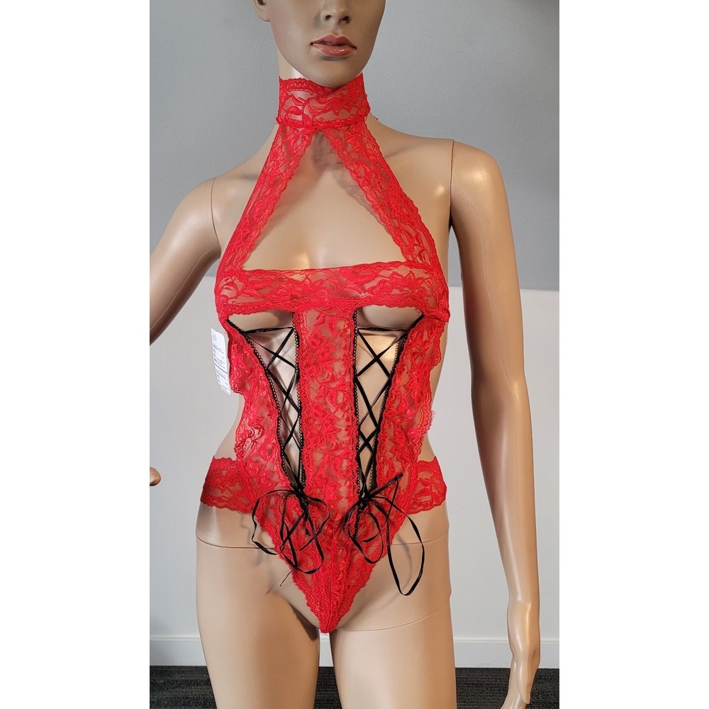 Women's Sexy Red with Black Lace Up Nylon Teddy  With G-String Bottom Size S/M‎ - Picture 2 of 10